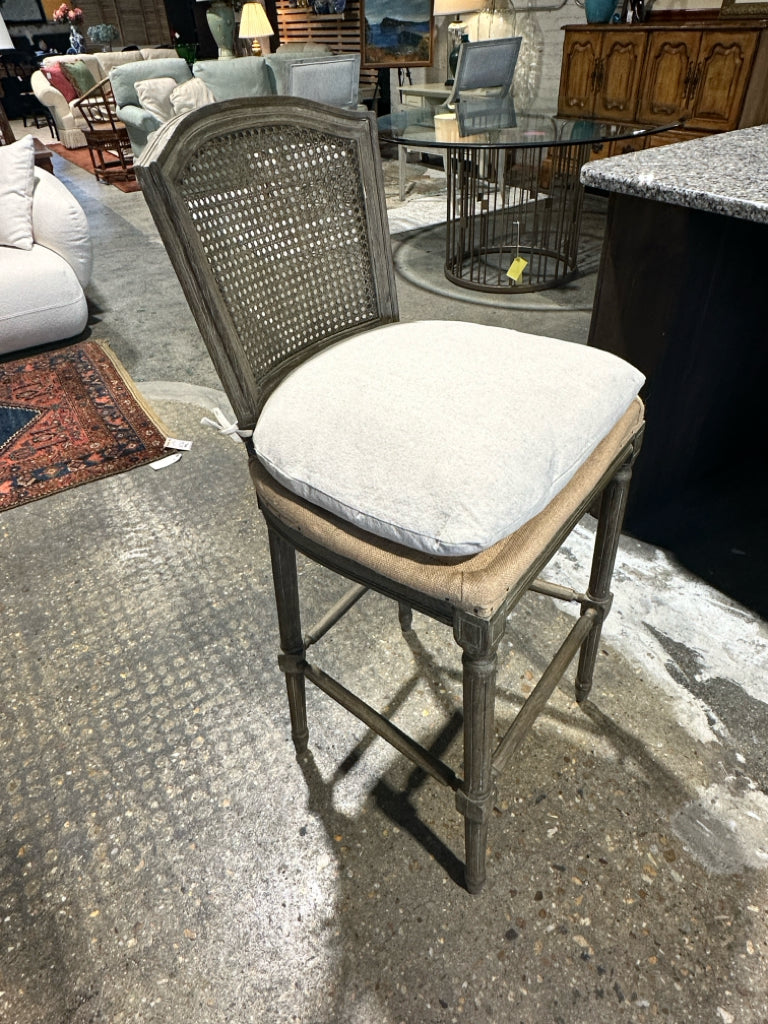 Furniture Classics cane back, linen stool, 20"W x 19"D x 44"H