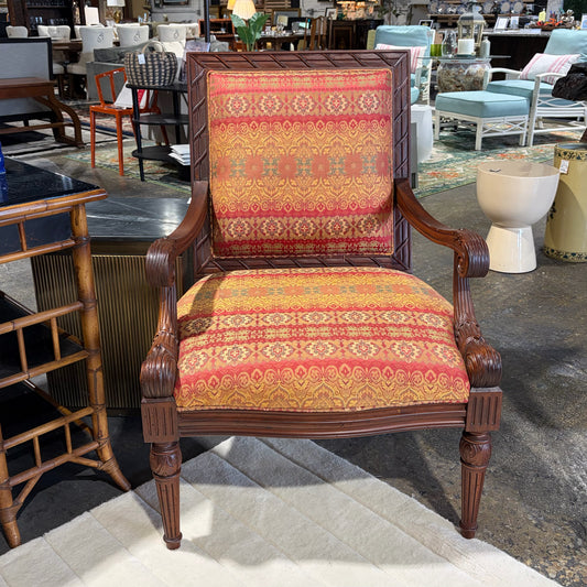 VTG Open Armchair w/ Carved Wooden Details, 29"W x 30"D x 40.25"H