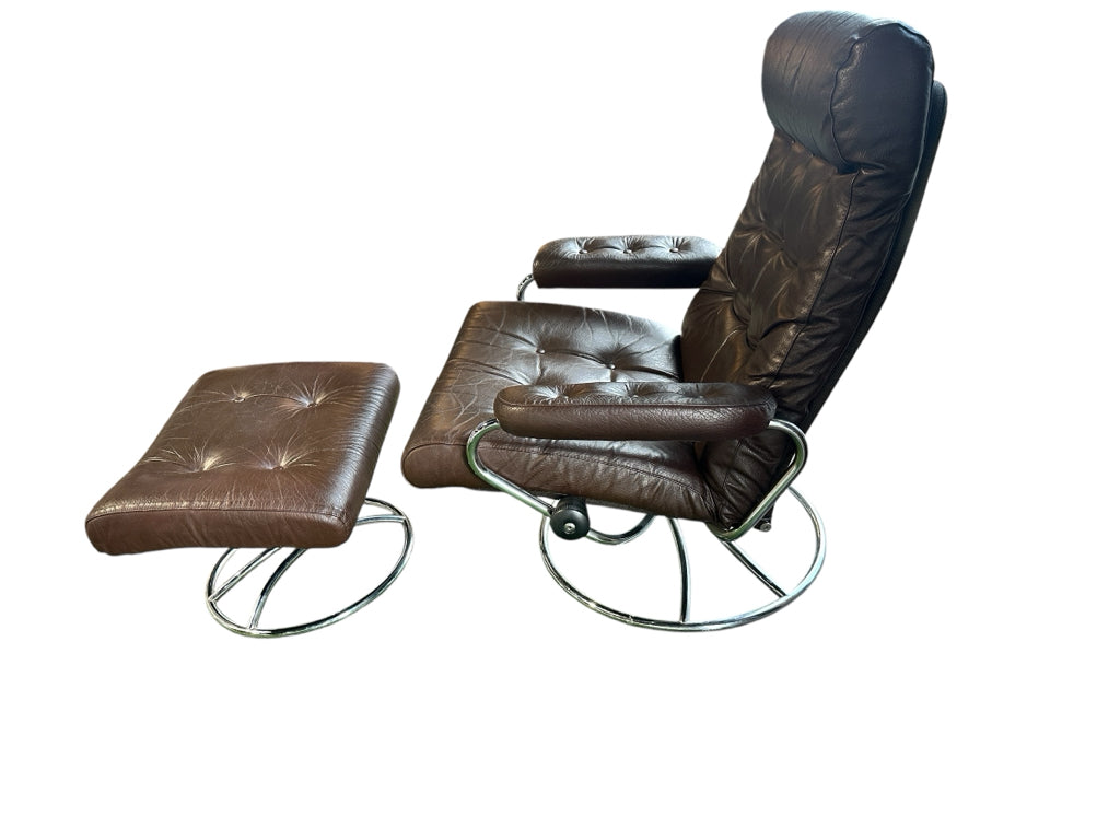 MCM Ekornes Stressless Chair & Ottoman, chocolate leather, 27"D x 28"W x 38"H