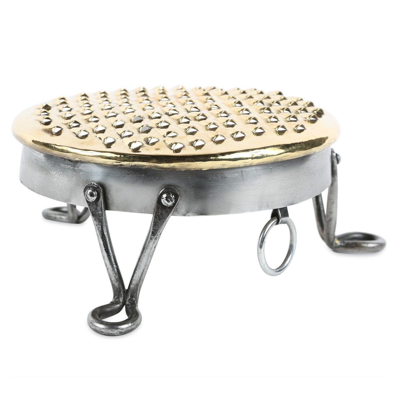 Footed English Grater, brass/steel, 7.5" W x 7.5" D x 3.5" H