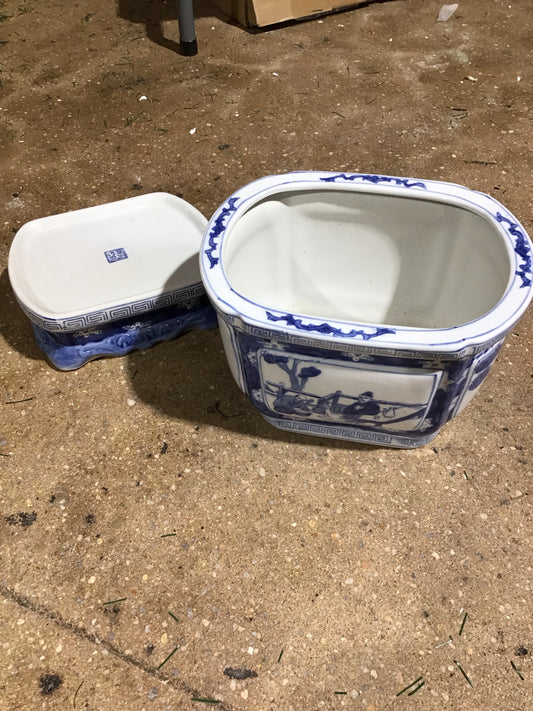 Mid Century Chinoiserie Regency Blue and White Planter 9.5" L x 7.7" D x 9" H