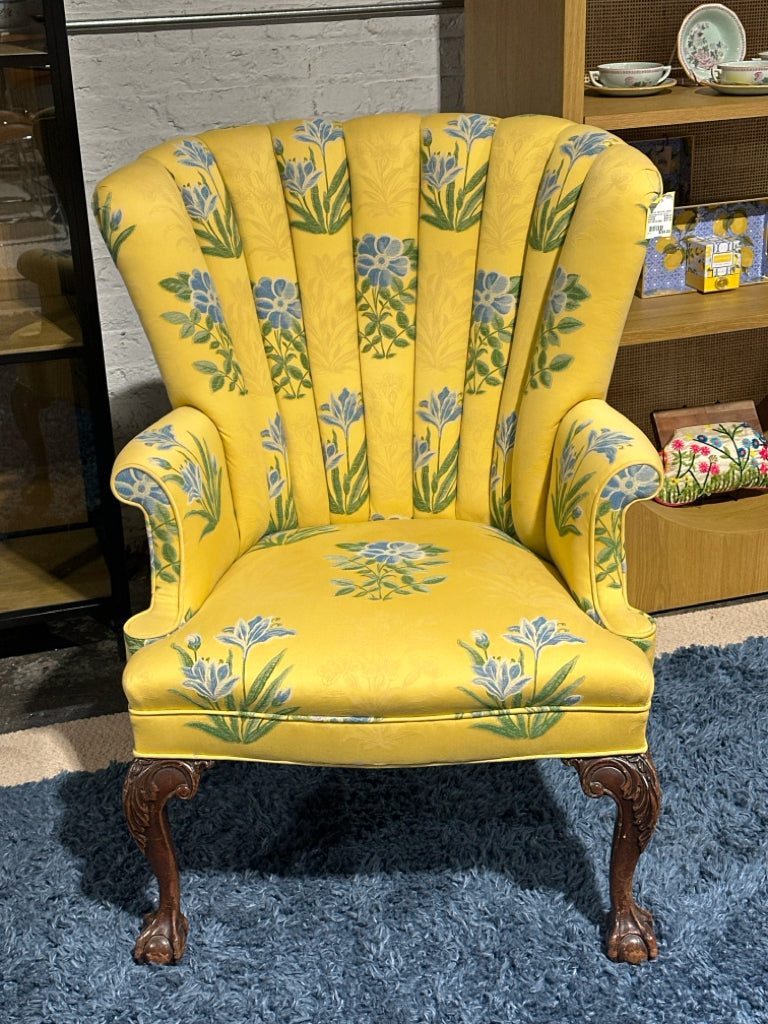 Channel back chair, vibrant yellow/blue floral, 28"W x 22"D x 39"H