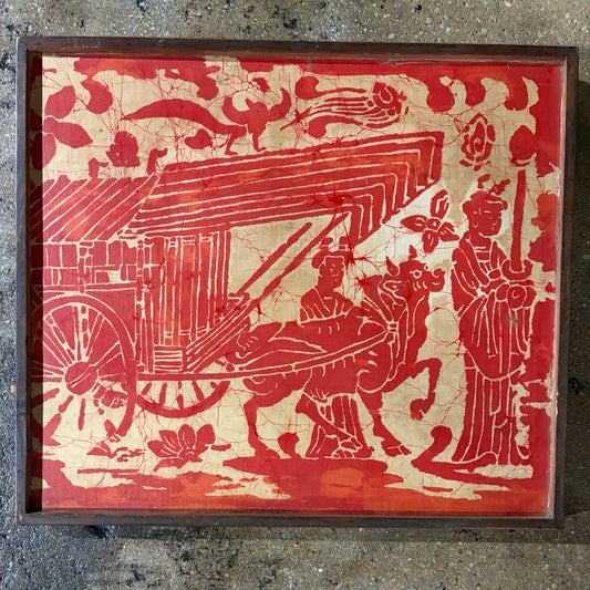 Pair of VTG Chinese Batiks, Buddhist Procession, 14.5"H x 16.5"W x 1"D each