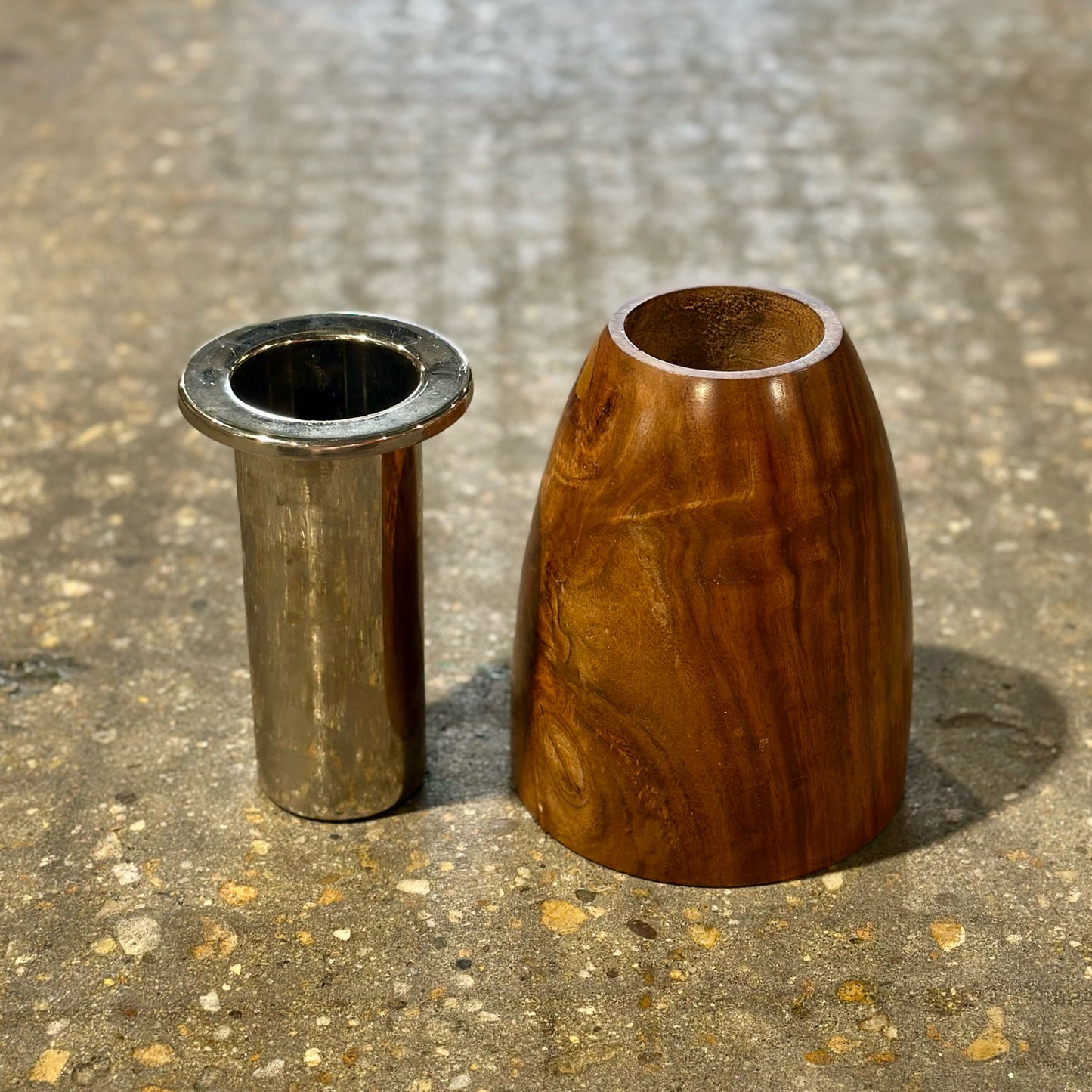 Vintage MCM Modulus Vase, Walnut & Chrome, 5.5" Dia x 6.5" H