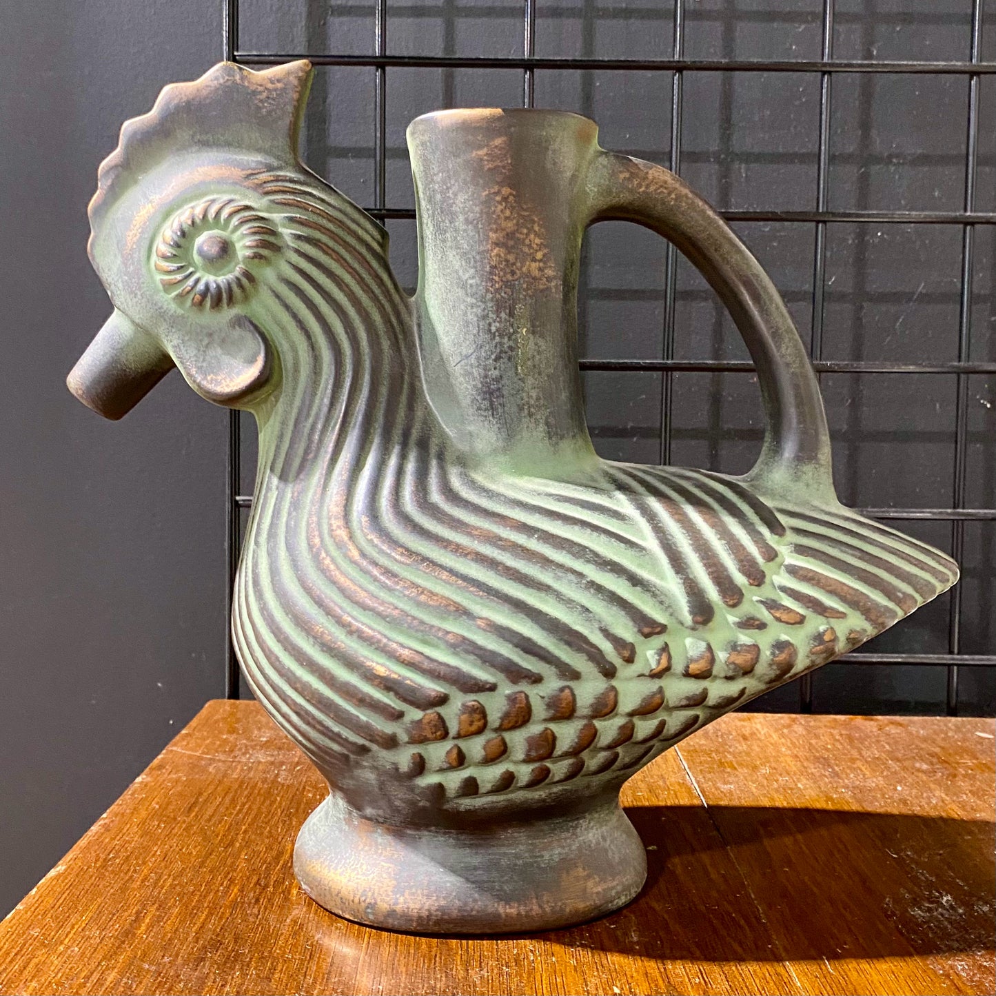Vintage Ceramic Rooster Pitcher, Aged Bronze, 12" L x 5" W x 11" H
