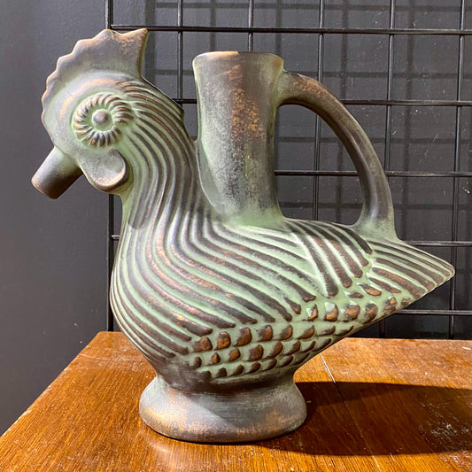 Vintage Ceramic Rooster Pitcher, Aged Bronze, 12" L x 5" W x 11" H