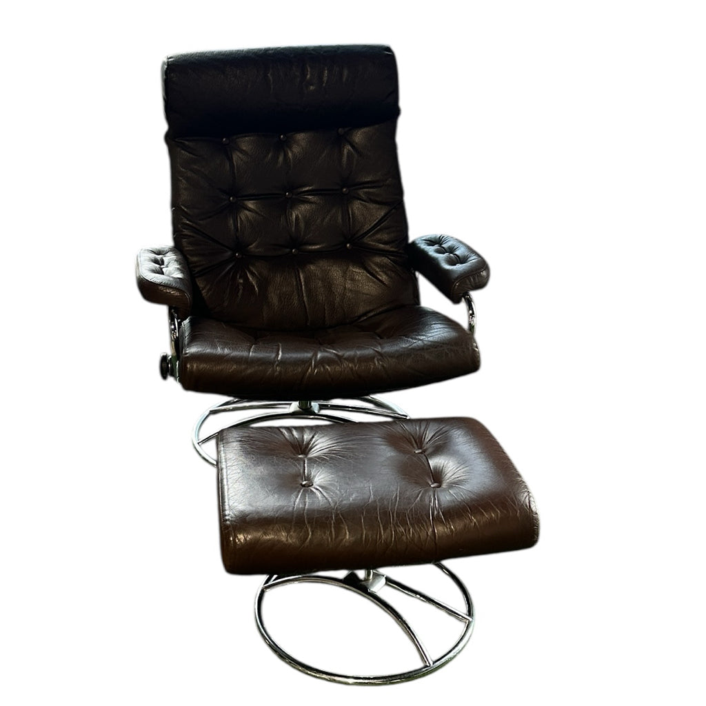 MCM Ekornes Stressless Chair & Ottoman, chocolate leather, 27"D x 28"W x 38"H