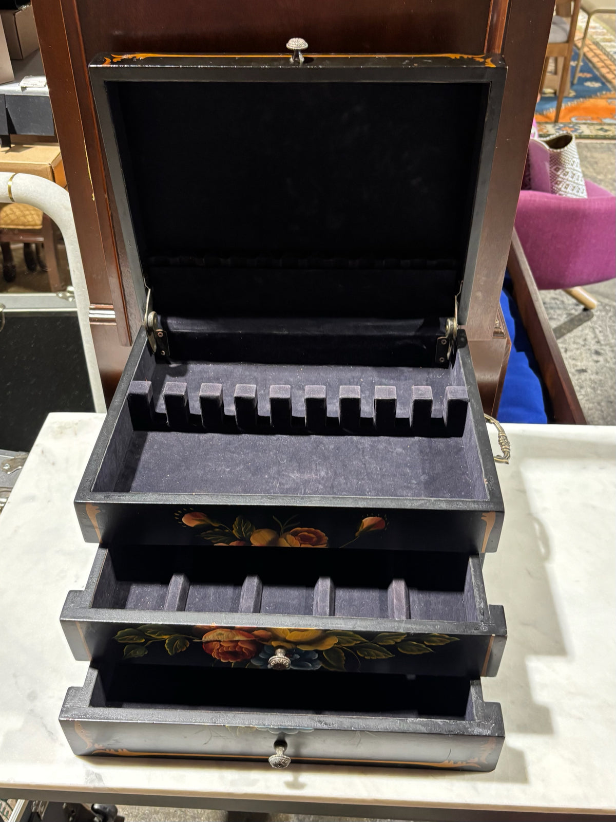 VTG Hand-Painted Floral Silver/Jewelry Chest