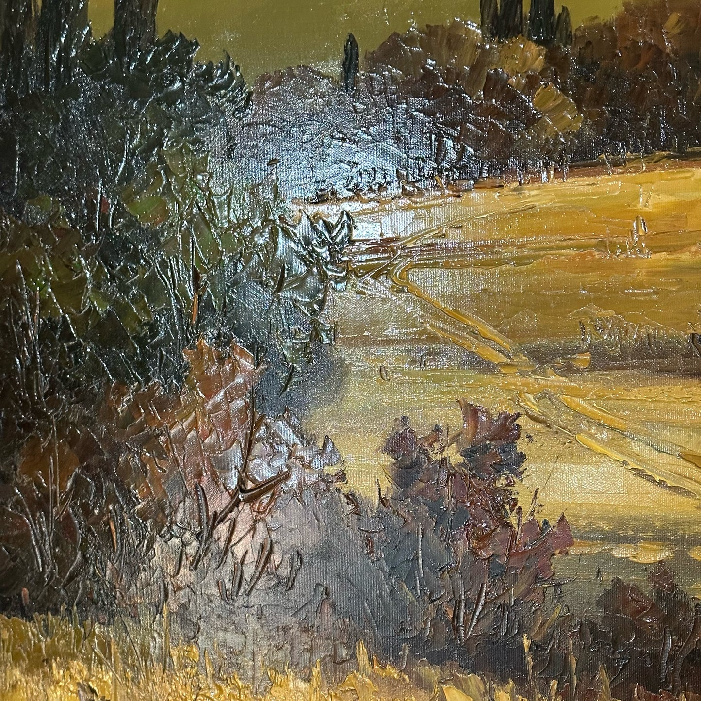 Signed & Framed Pastoral by Henry Kim, Oil on Canvas, 44.5" L x 44.5" W x 3" D