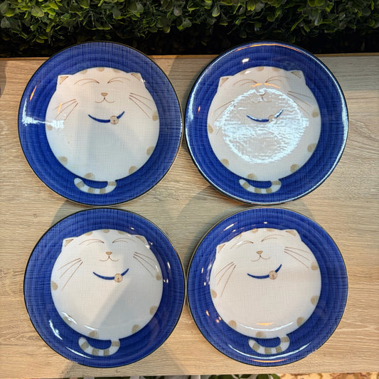 Set of 4 Smiling Cat Blue and White Dessert/Appetizer Plates, 6.5"Dia