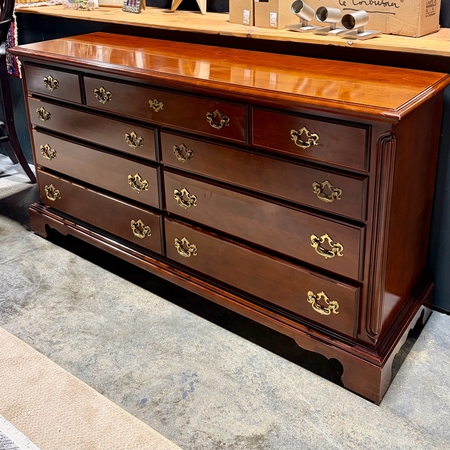 VTG Chippendale Style 9 Drawer Dresser, Cherry, 66"W x 19"D x 34.75"H