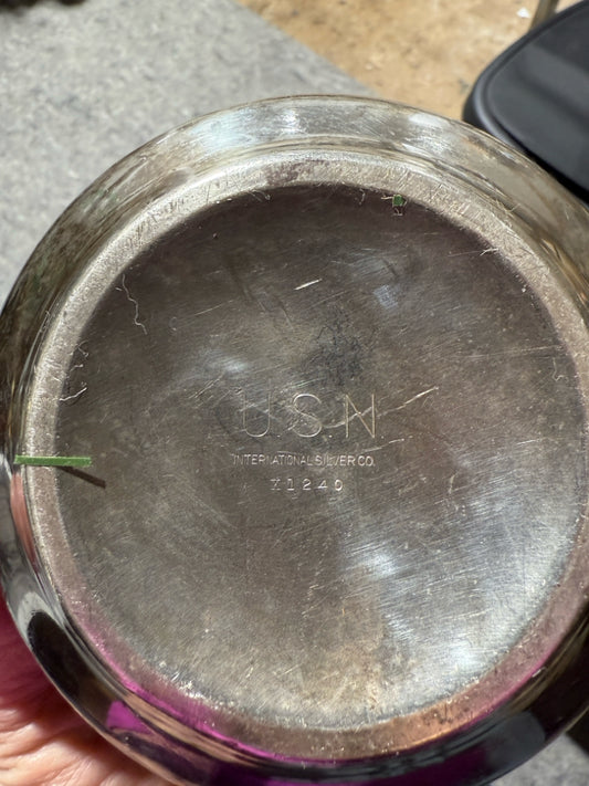 USN WWII teapot, Intl Silver, 9"W x 5.5"D x 5"H