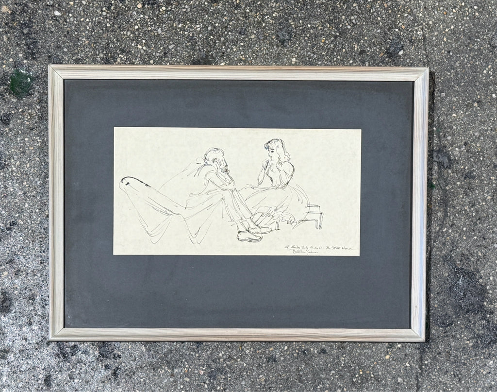 'At Theater Guild' signed Bertram Goodman charcoal/ink, 21"W x 15.5"H x 1"D