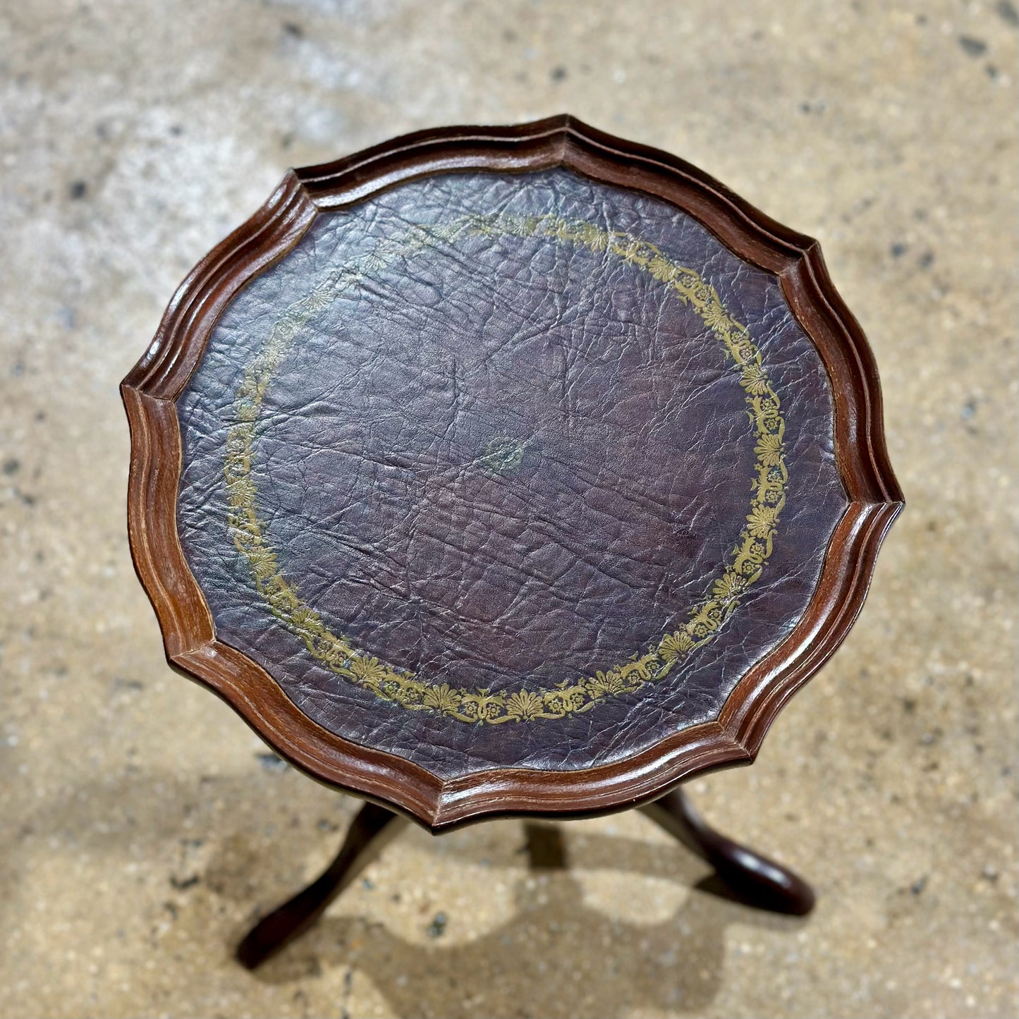 Small Octagon End Table, Leather Piecrust Top, 14" Dia x 20" H