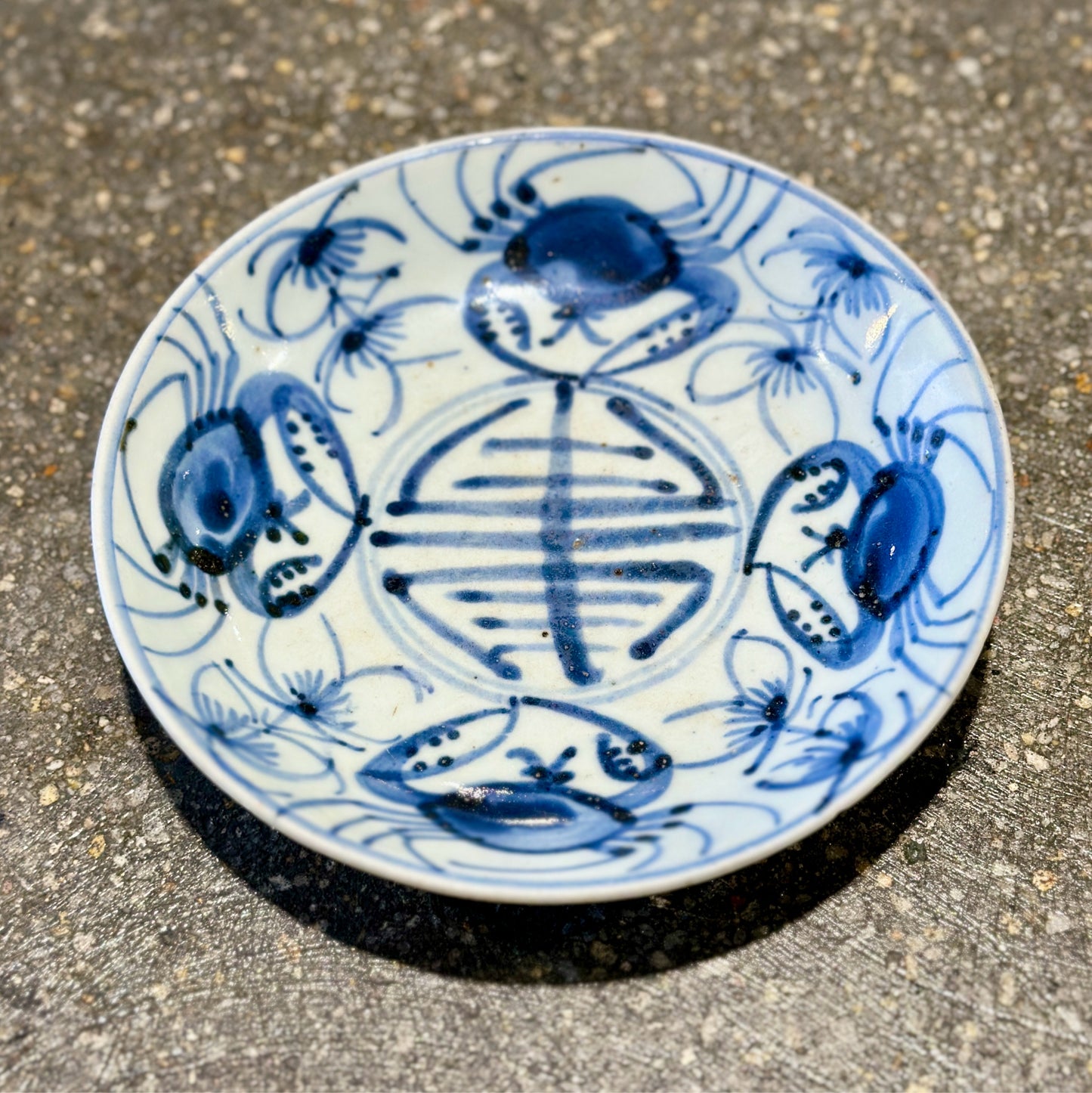 Antique Chinese Crab Longevity Plate, Blue & White, Qing Dynasty, 6.85" Dia
