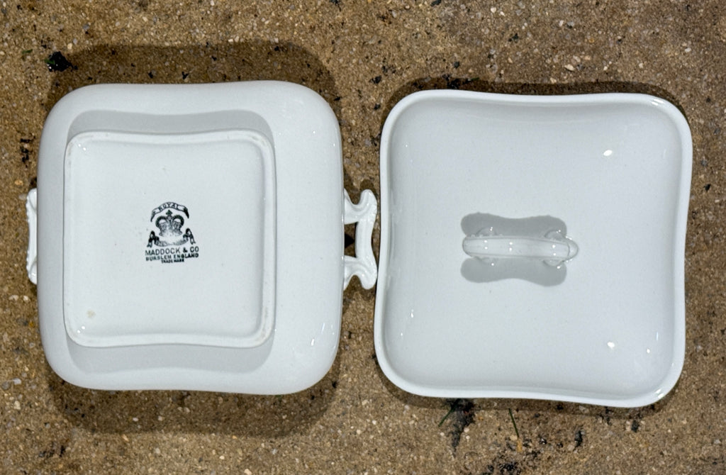 Antique Maddock & Co. ironstone square covered dish, 8"W x 9"L x 5.5"H