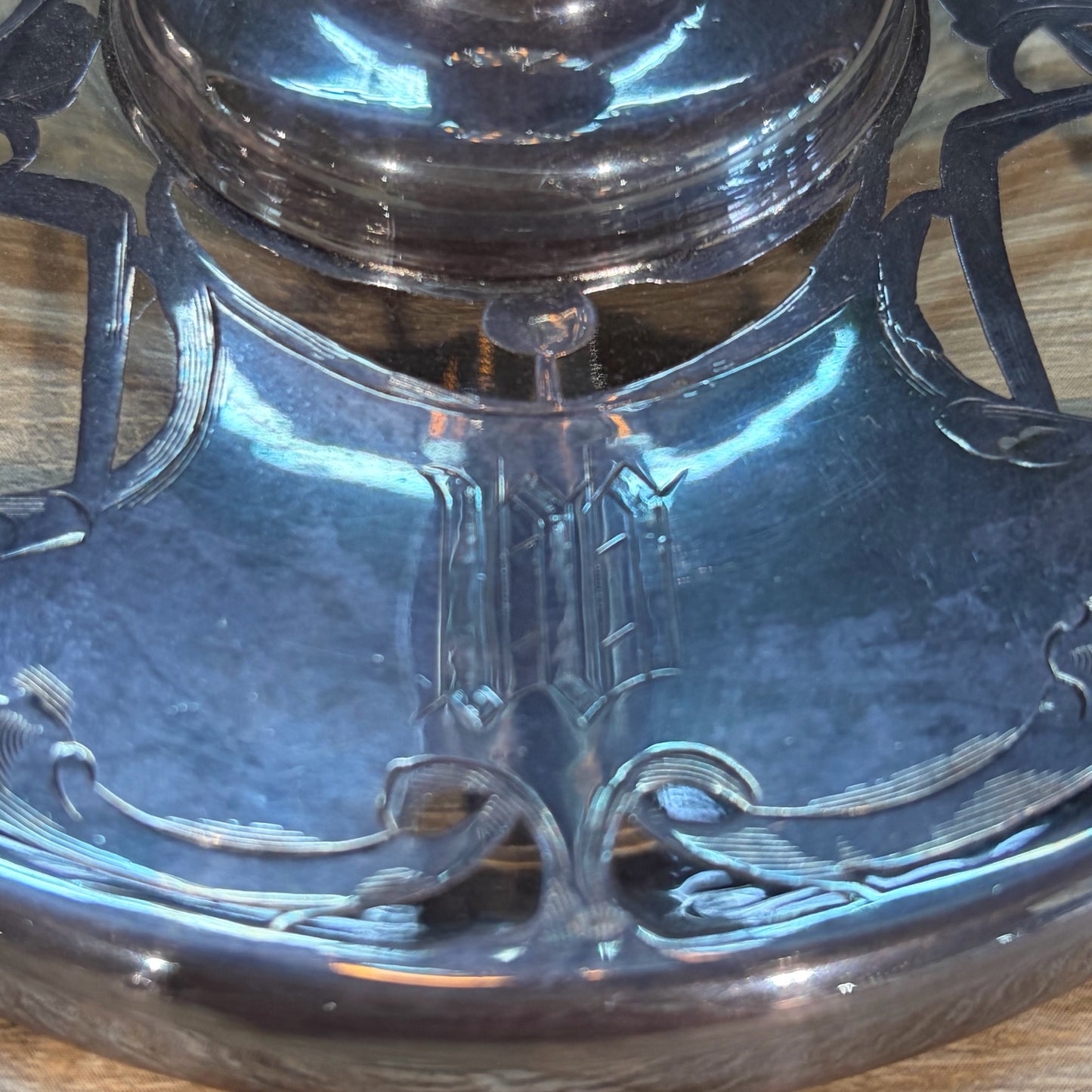 Antique Art Nouveau Trumpet Vase, Glass & Silver, 'W" Monogram, 15'H x 6"Dia