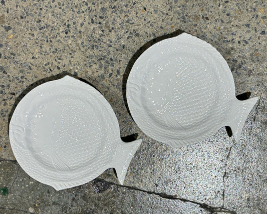 SET of 2 Portugese ceramic fish plates, white, 10"