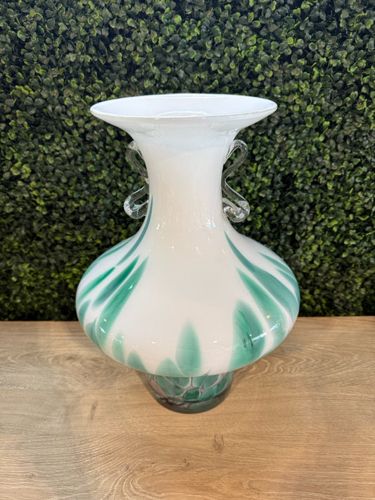 Blown glass vase, teal/white, 15"H x 10.5"W x10.5"D