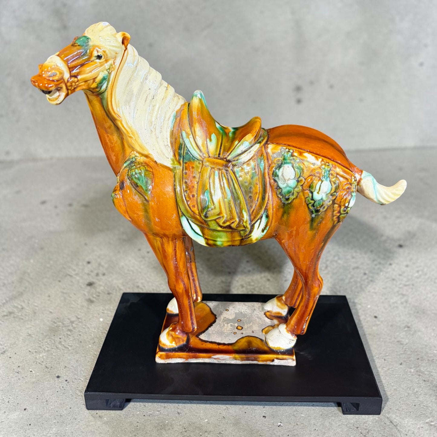VTG Tang Style Ceramic Horse on Black Wooden Base, 10"W x 6"D x 13"H (AS IS)