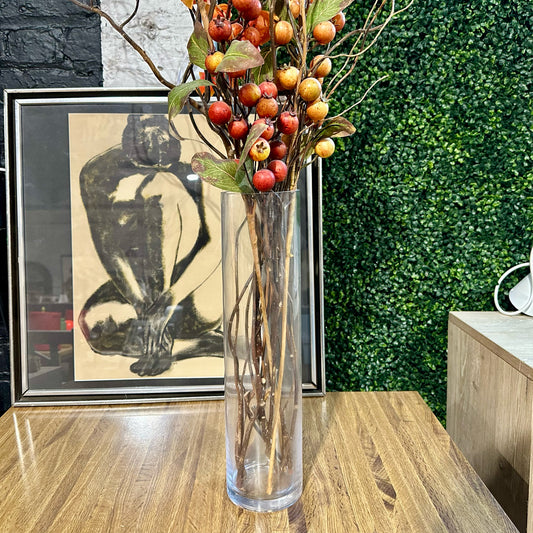 Faux Fall Foliage Arrangement in Cylindrical Glass Vase, ~16" W x ~45" H