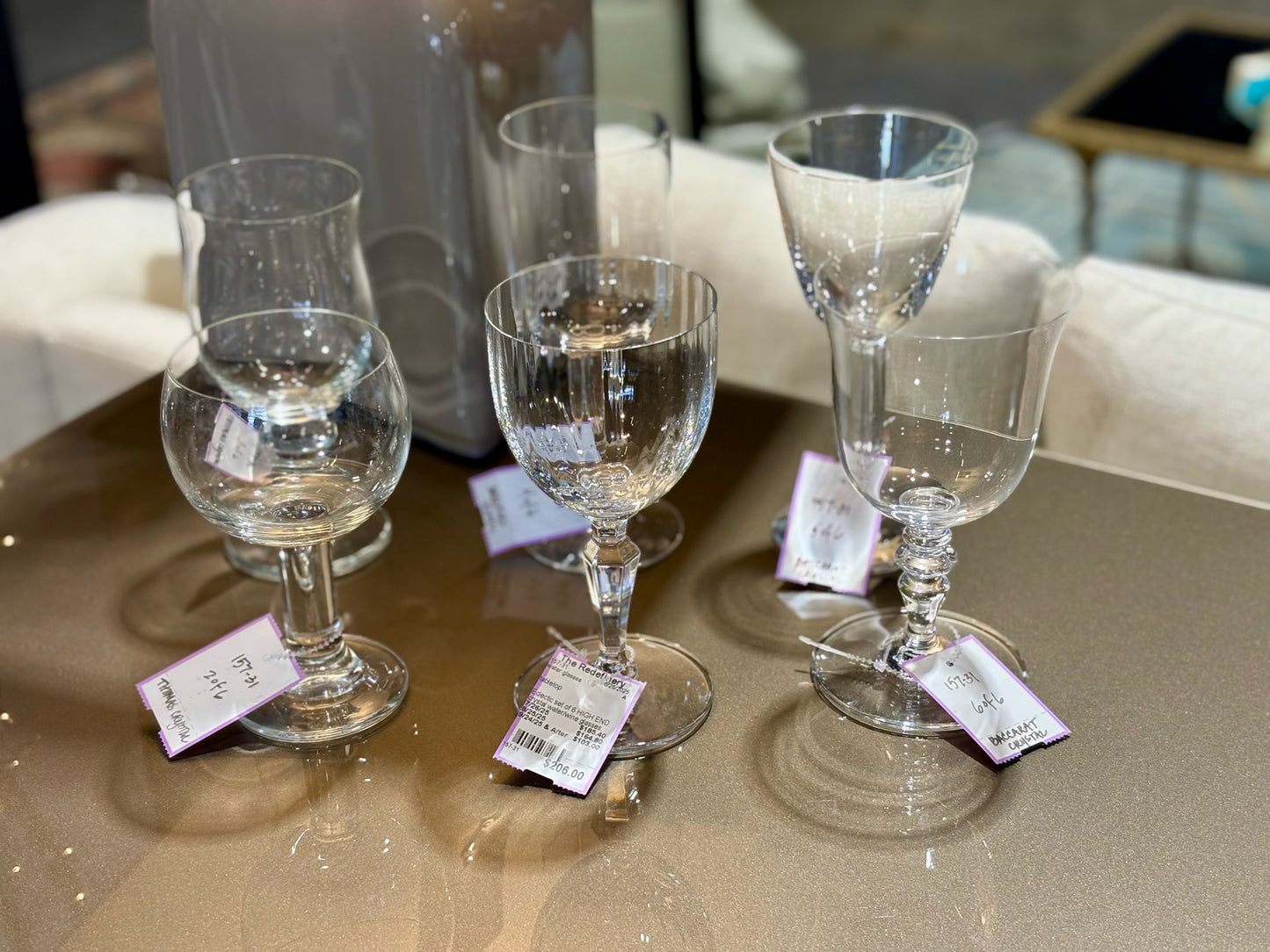 Eclectic set of 6 HIGH END crystal water/wine glasses, 6" to 8" H