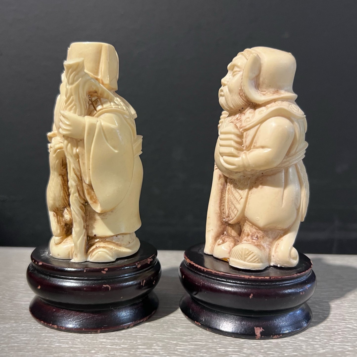 Pair of Chinese Figurines on Wood Base, 4" H x 2" Dia