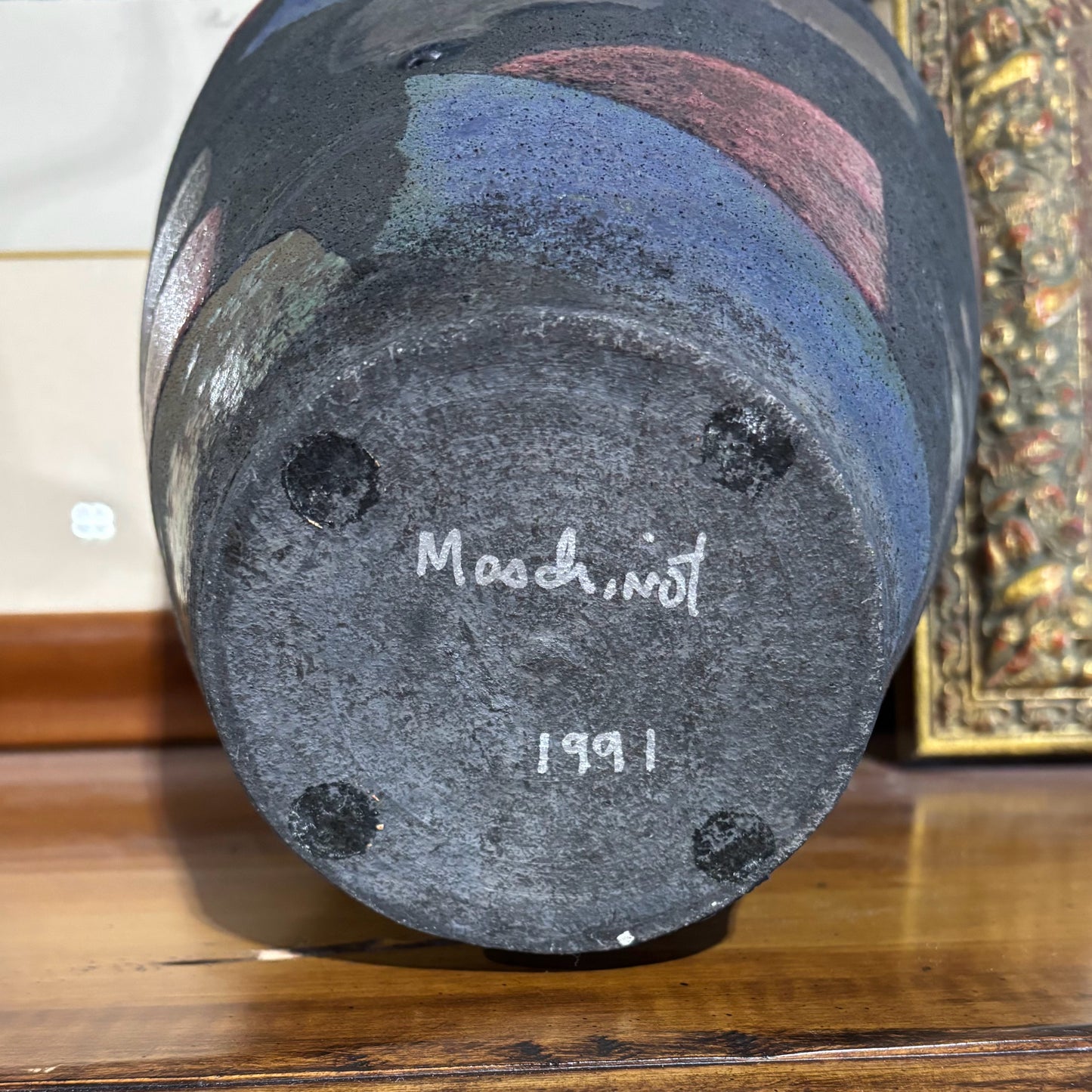 Raku Ginger Jar signed "Maschinot" 10.5" D x 11" H
