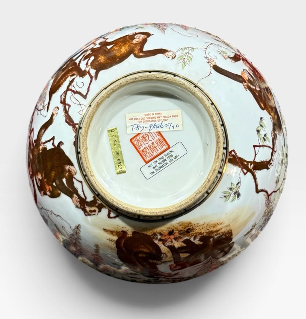 VTG Chinese porcelain bowl, 'Merry Monkeys', handpainted, 10"DIA x 5"H