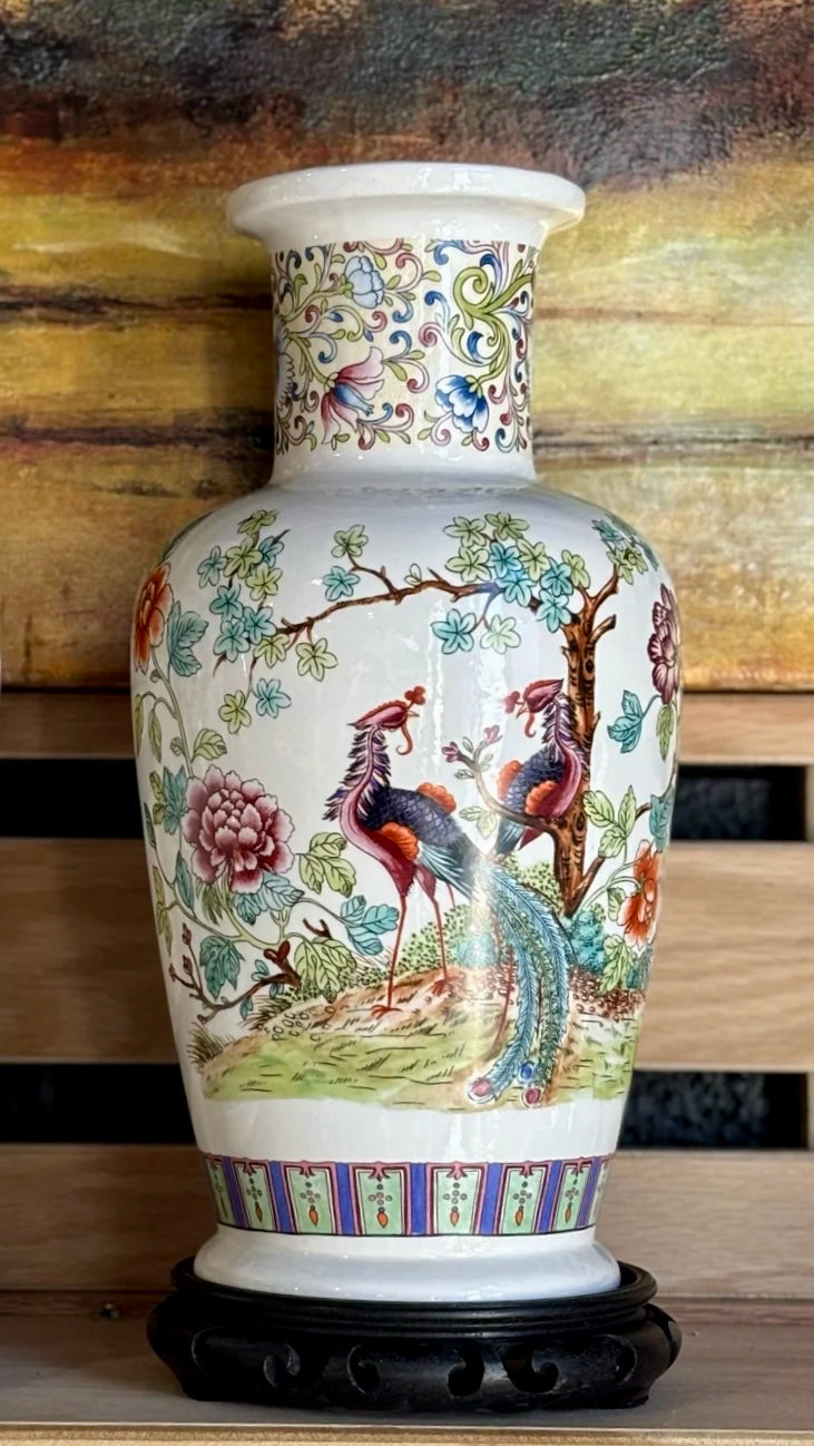 Italian Porcelain pheasant vase w/stand, 5.5"D x 13.25"H