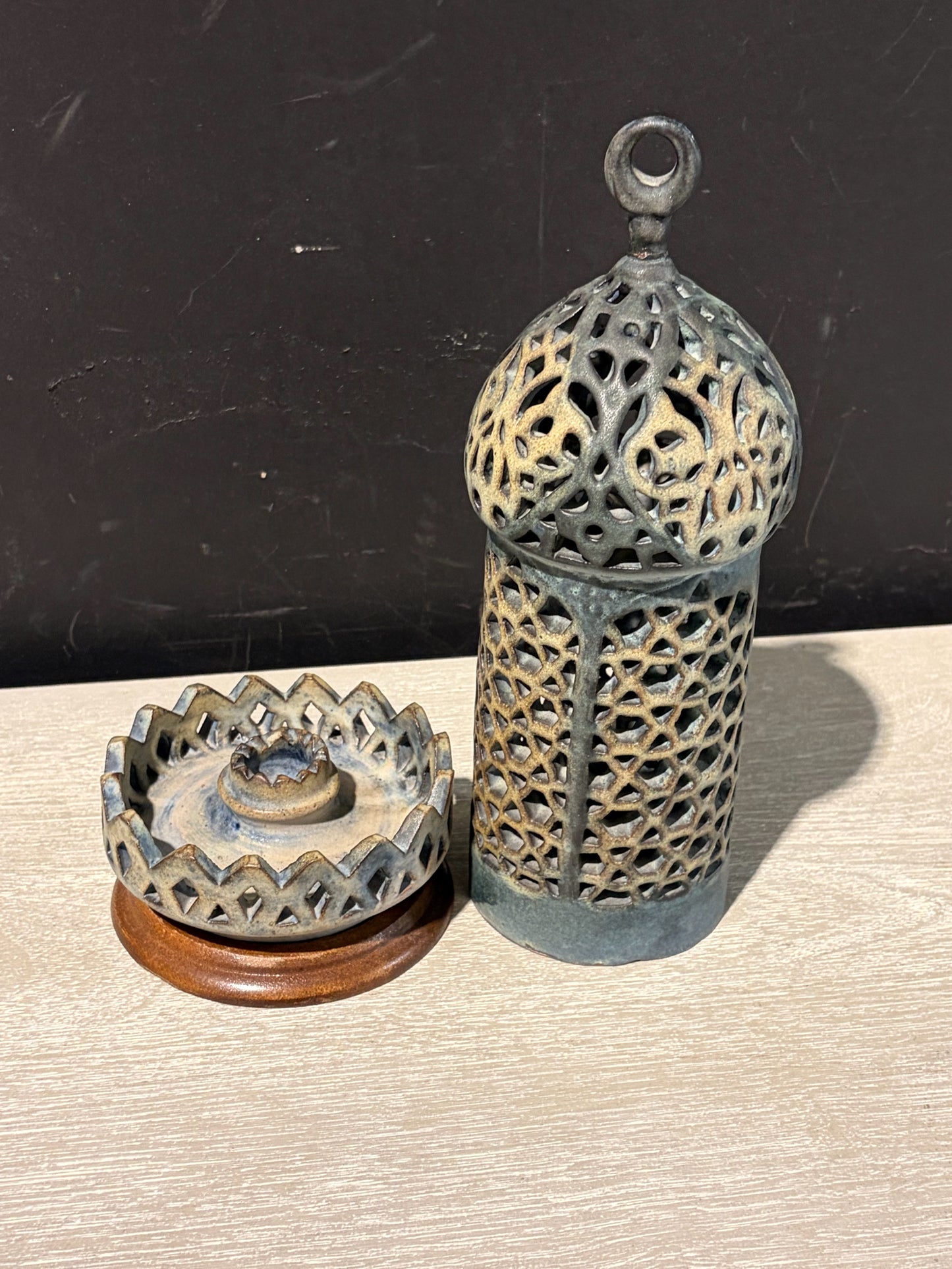 Mid Cent Piereced Ceramic Candle Holder 5" Diam x 11" H