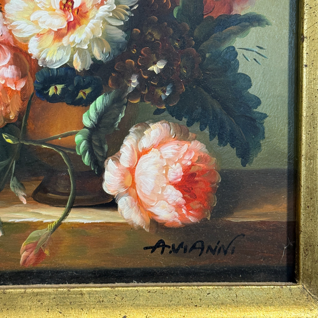 Vintage oil on panel, floral still life, A. Vianni, 17.75"H x 15.5"W x 2"D