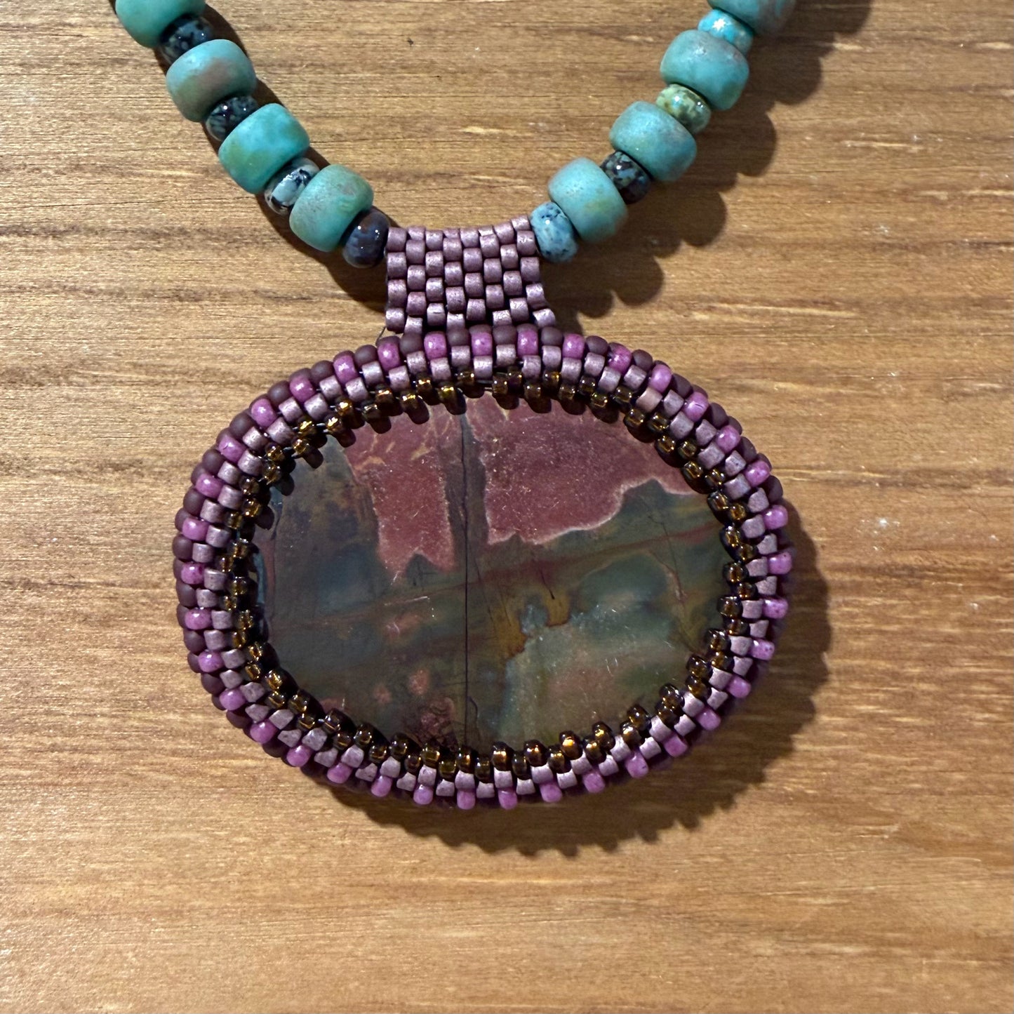Desert Jasper Pendant W/Peyote Bezel 16"L, Carrie Prince Wearable Art