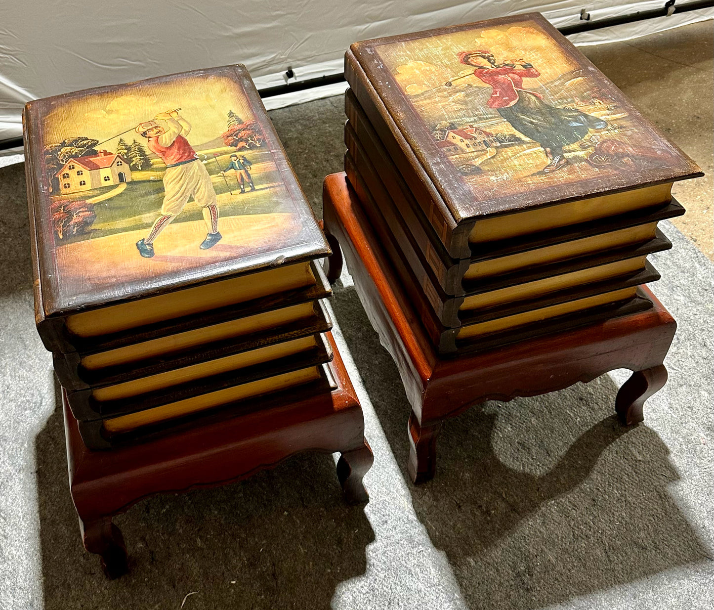 Pair of Faux His & Hers Golf Book Stack Cabinet End Tables 21" L x 17" W x 22" D