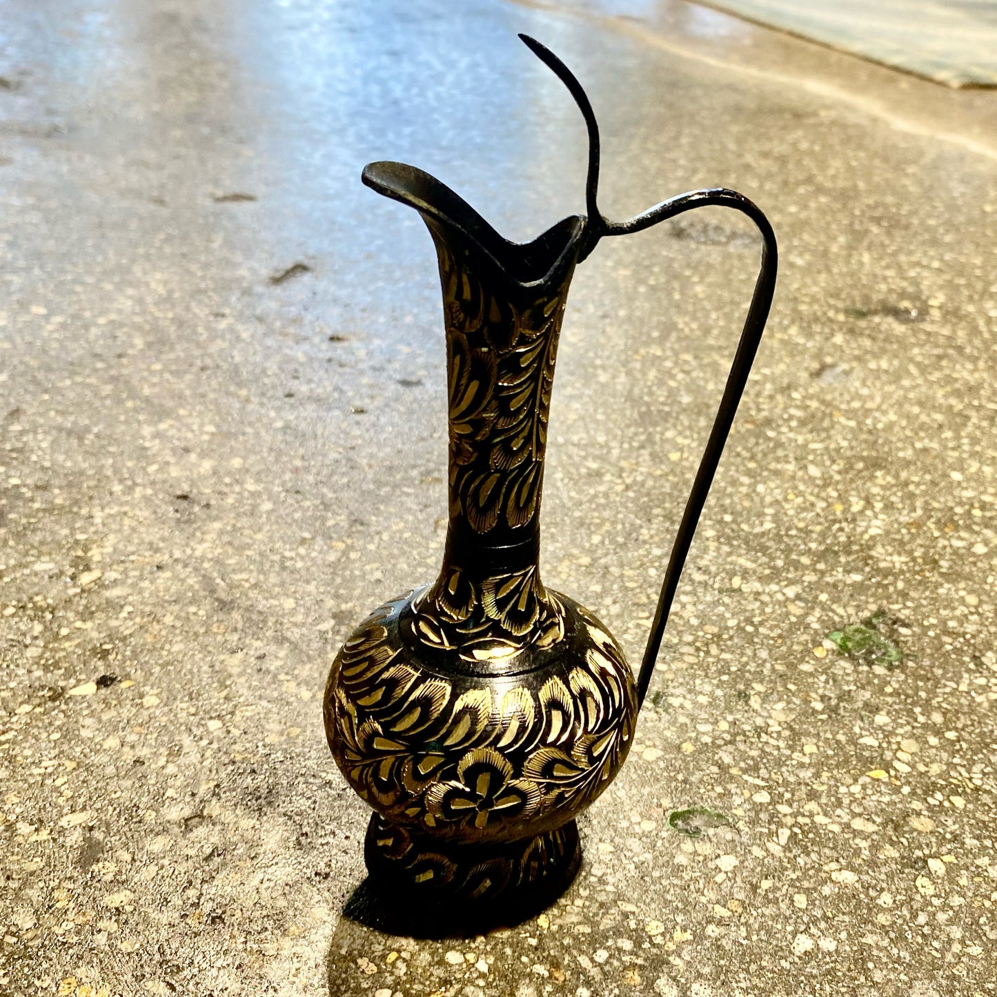 Vintage Etched Brass & Black Ewer, India, 3.5"W x 2.5"D x 7"H
