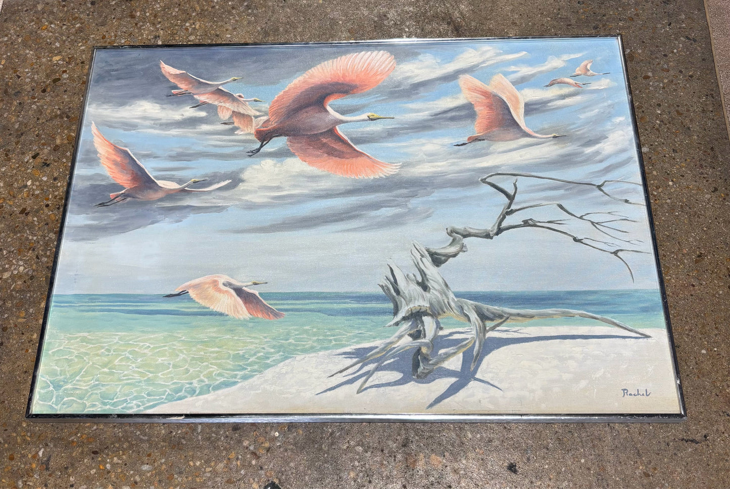 Birds over water painting, 40"W x 28"H