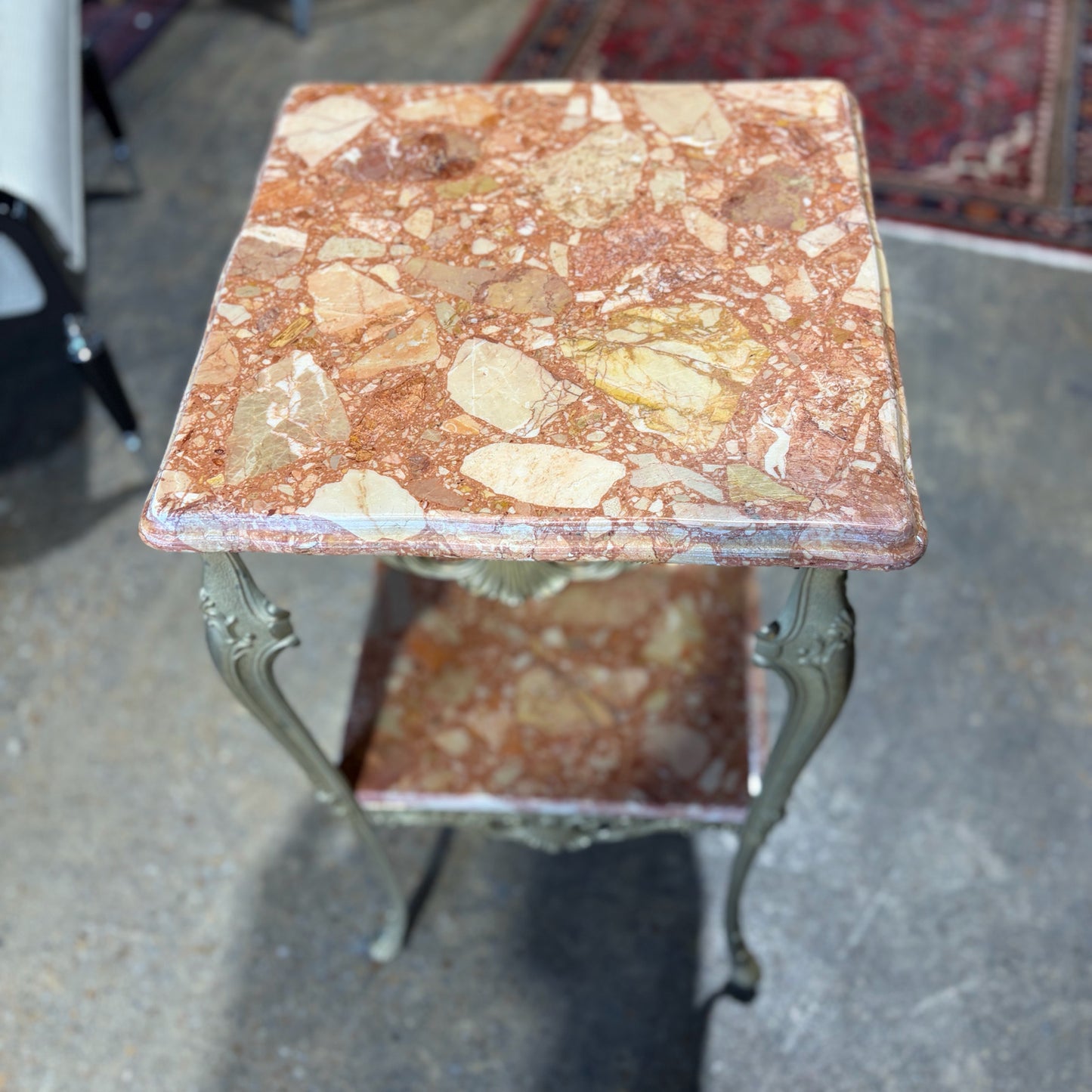 Two Tier Marble & Brass Side Table, 13"Sq x 29"H