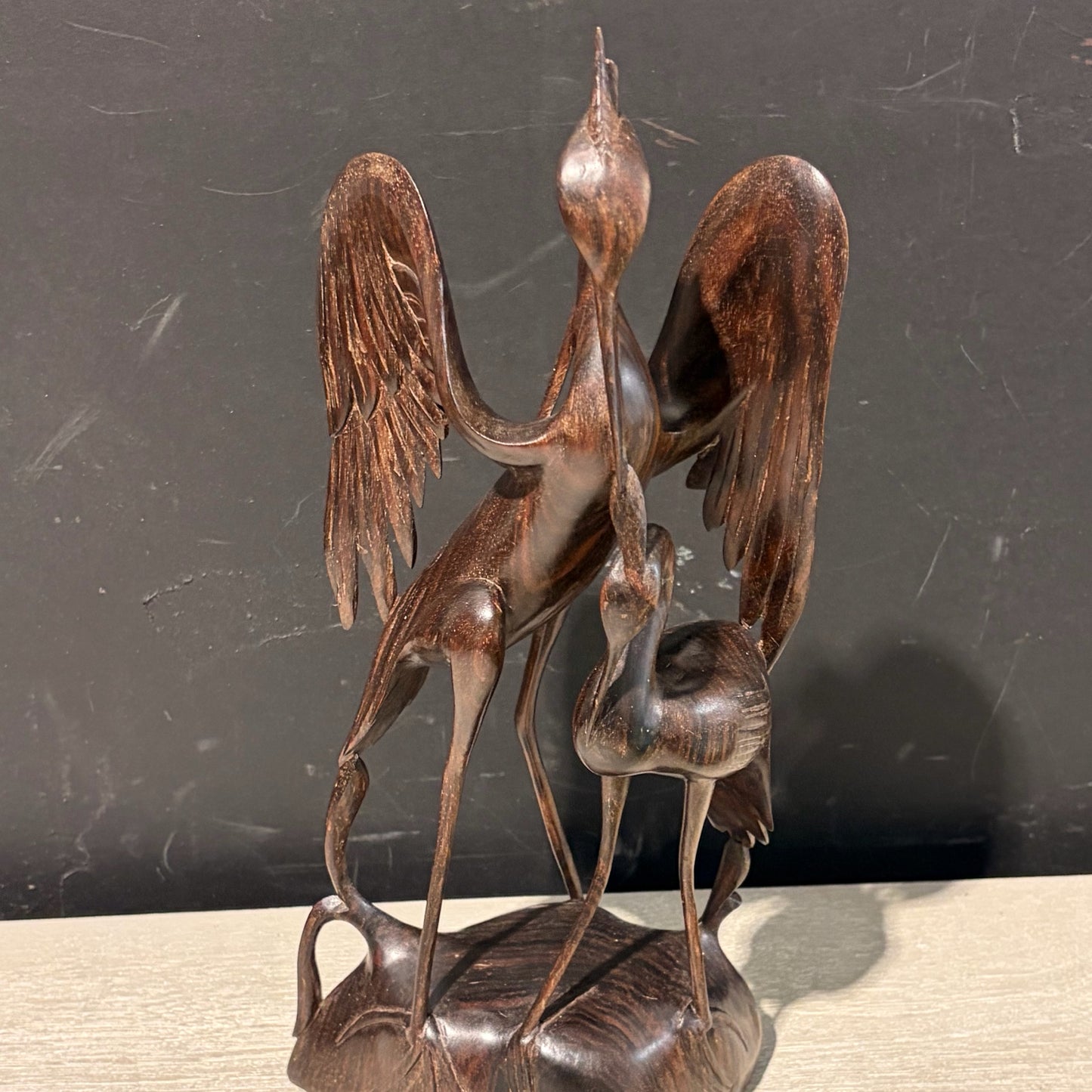MCM Wood Carved Crane W/ Young 6"W x 4"D x 12"H