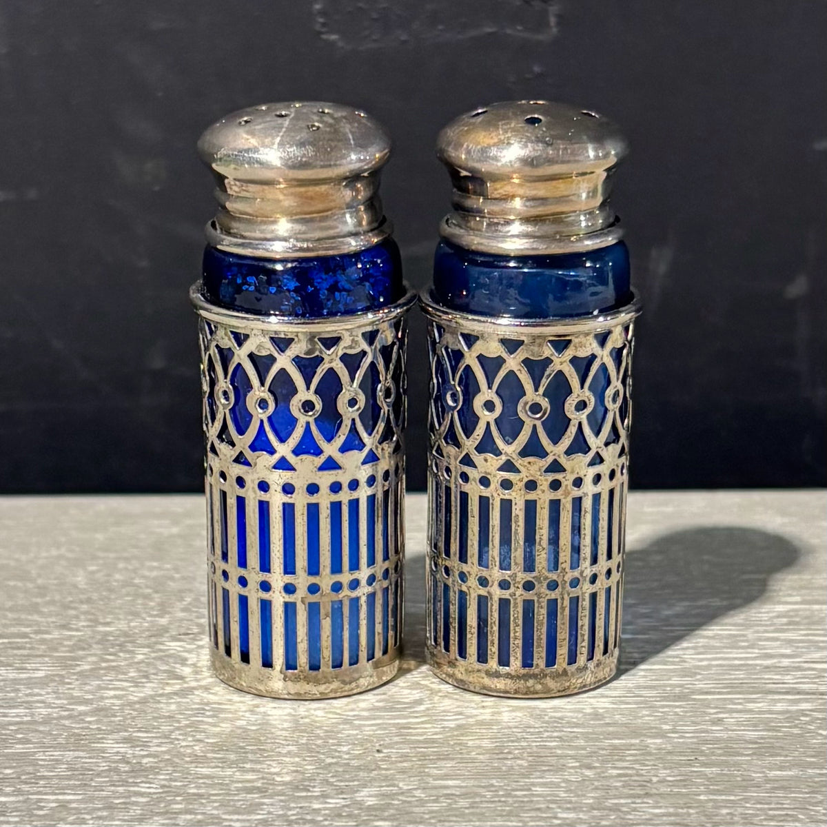 SET Cobalt Glass/Silverplate Salt & Pepper Shakers