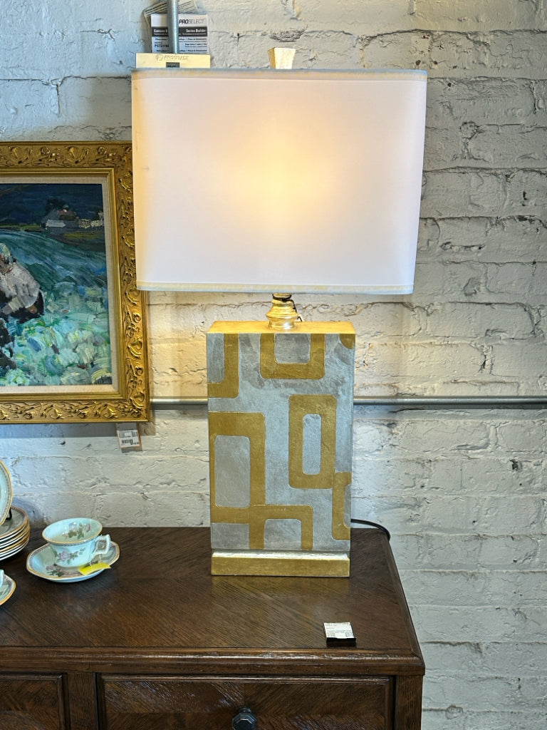 NEW PAIR of silver/gold geometric table lamps, 31"H x 8.75"W x 4.5"D