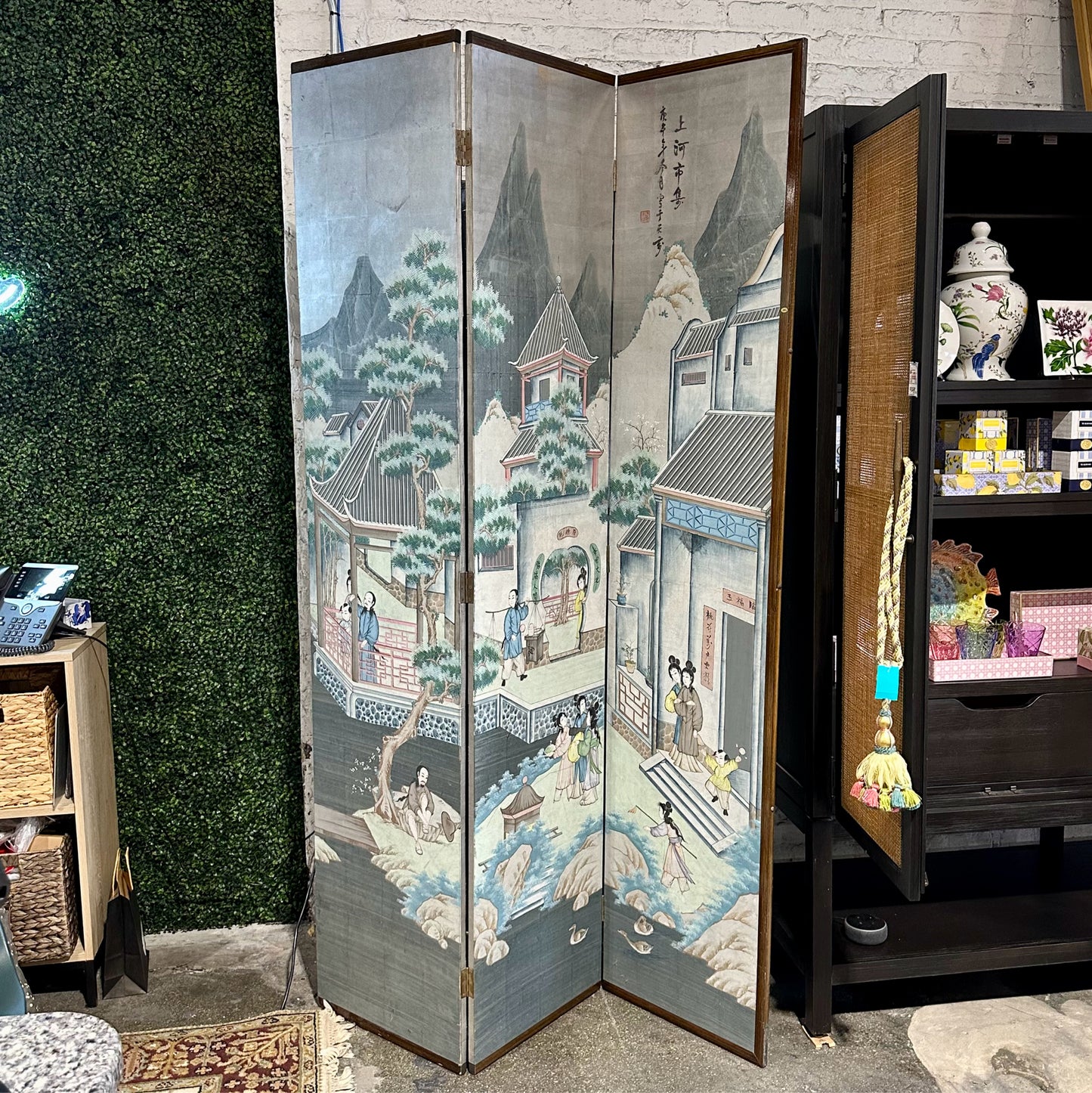 Asian Painted Screen 6-Panel Room Divider, 106.5" W x 84" H