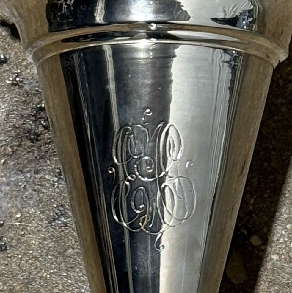 Vintage silver plate trumpet vase, mono, 7.5"W x 7.5"D x11"H