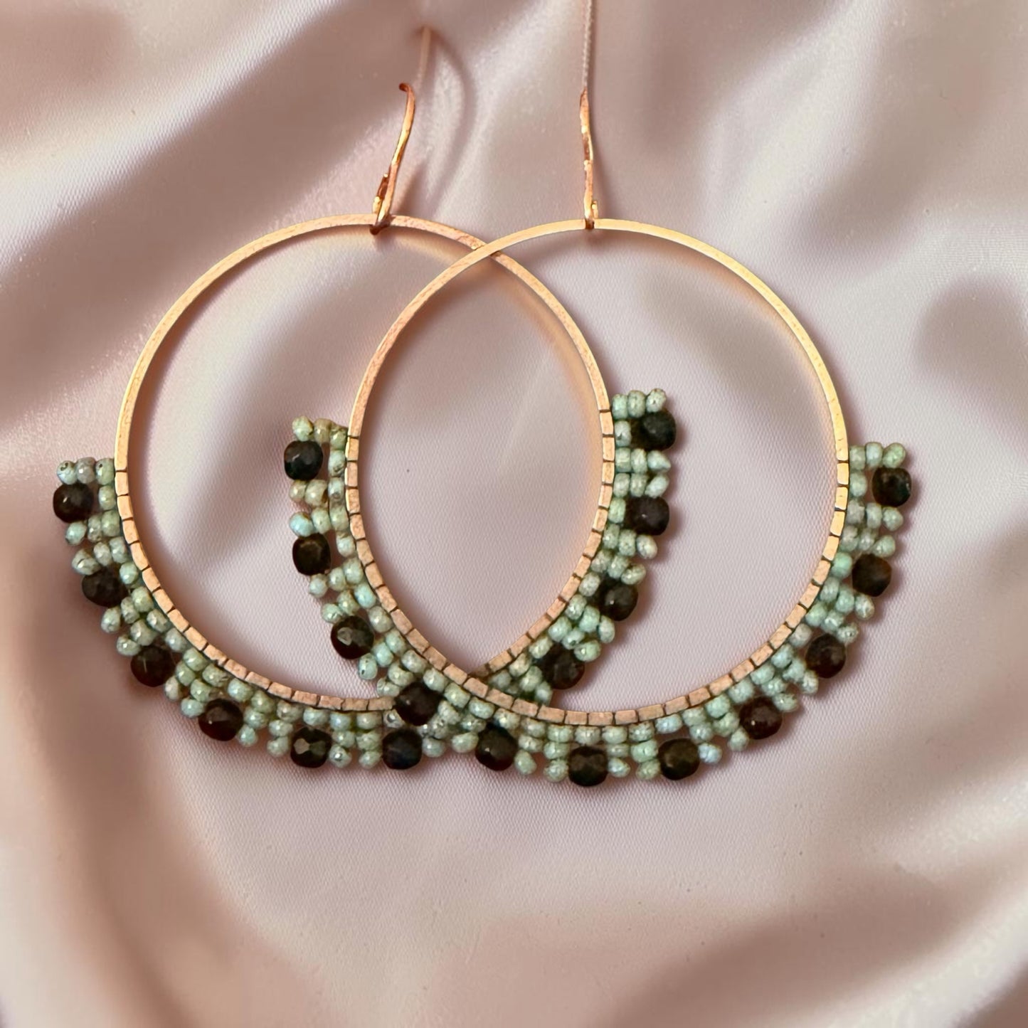 Earth & Turquoise Hand-Beaded Boho Hoop Earrings by Carrie Prince