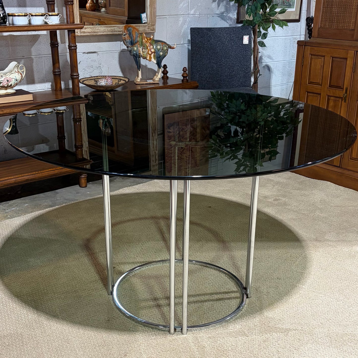 MCM Round Smoke Glass & Chrome Pedestal Table, 48"Dia x 28.5"H