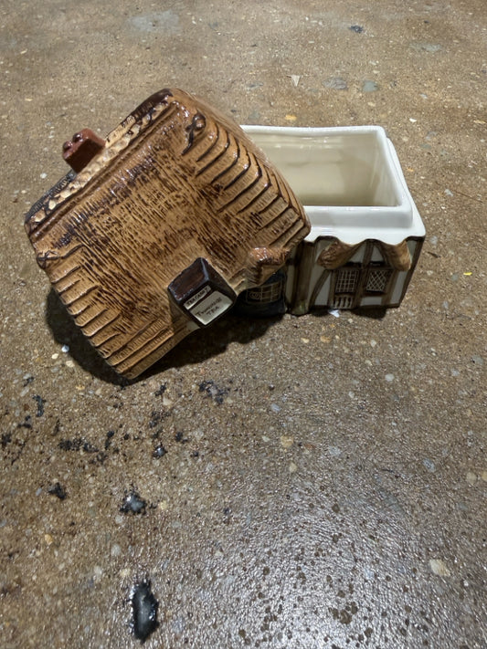 VTG Twinings tea caddy, English cottage, 3.75"W x 6"H