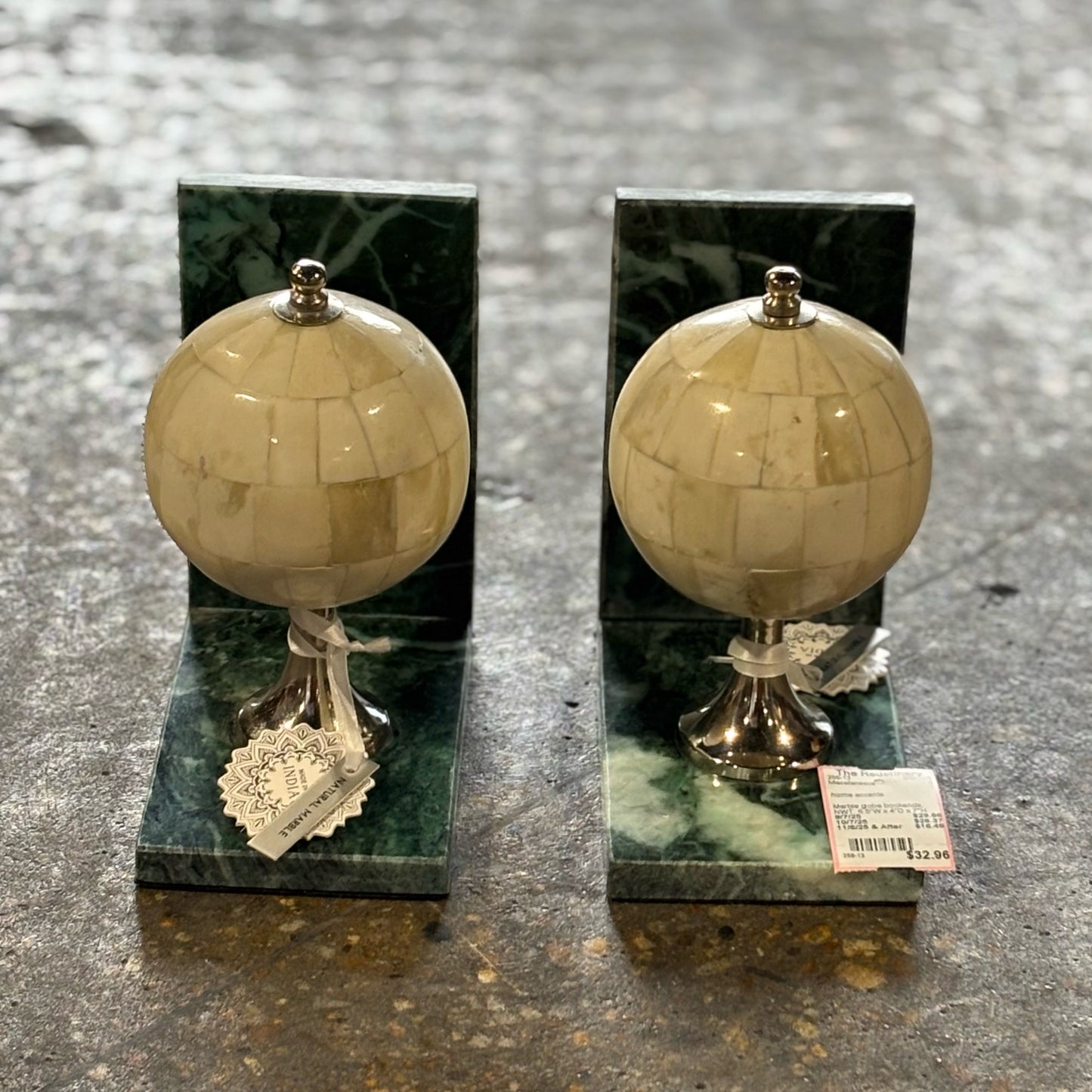 Marble globe bookends, NWT, 6.5"W x 4"D x 7"H