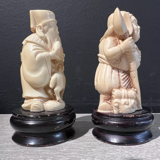 Pair of Chinese Figurines on Wood Base, 4" H x 2" Dia