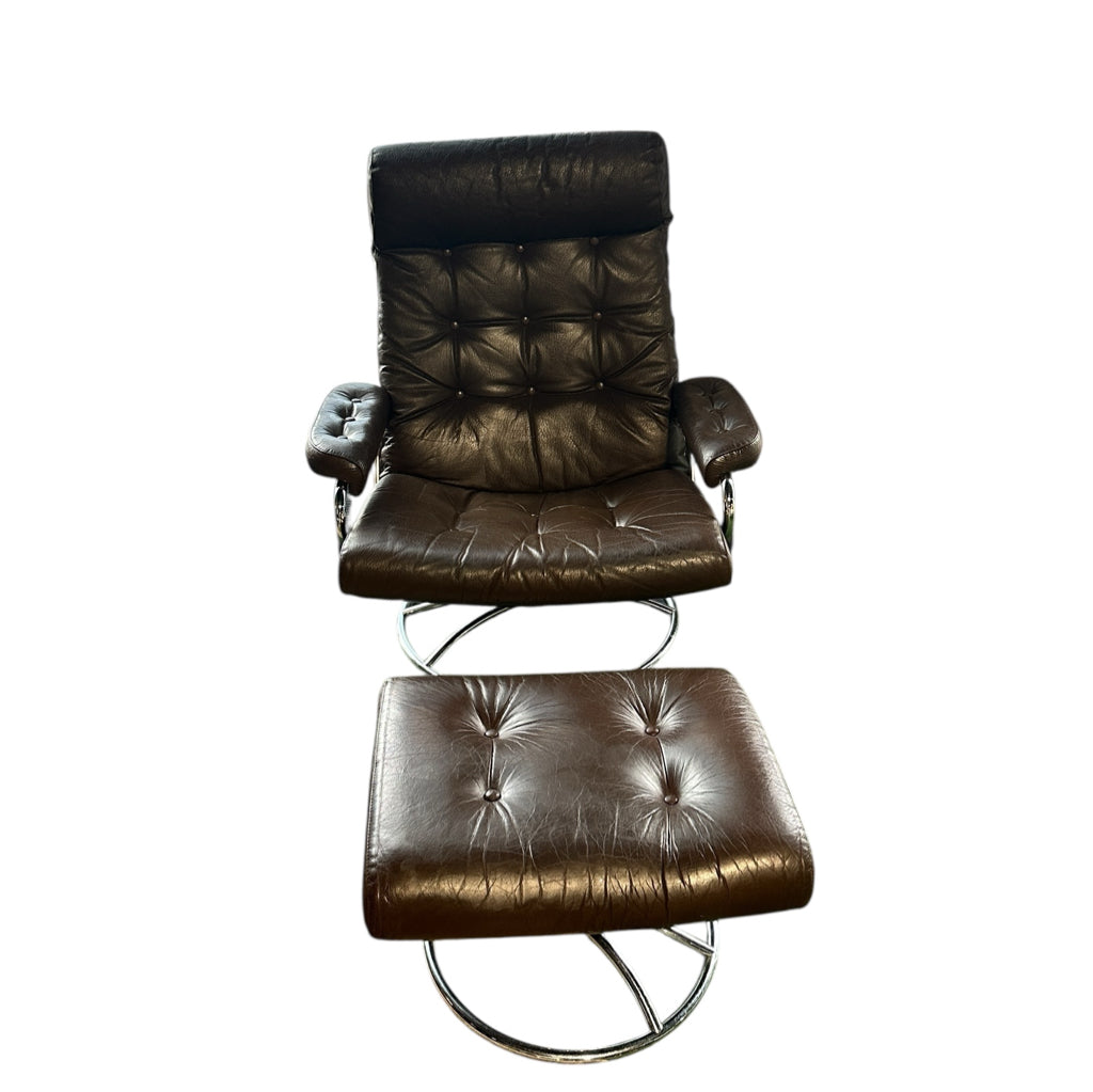 MCM Ekornes Stressless Chair & Ottoman, chocolate leather, 27"D x 28"W x 38"H