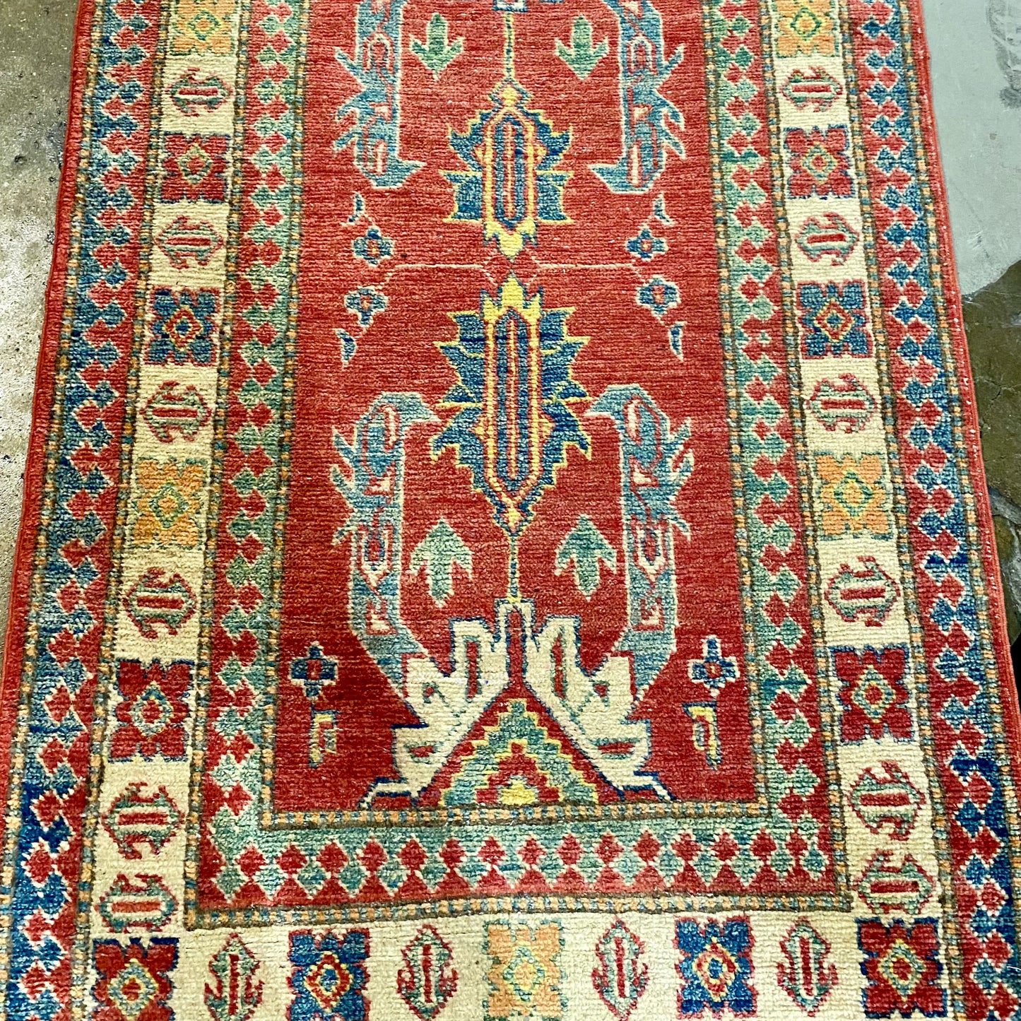 Red and Blue Runner Wool Hand Knott, 14'4"L x 2'11"W