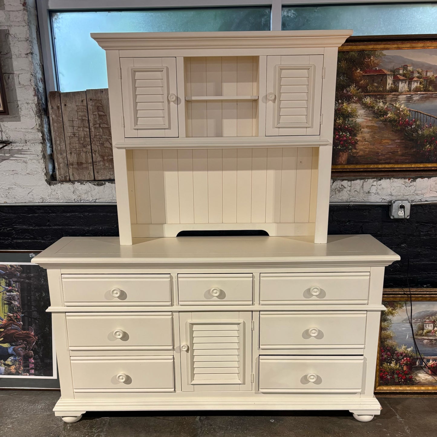 White Cottage Style Dresser/Hutch 70" W x 19.25" D x 78" H